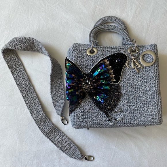 Grey Crocheted Sequin & Beaded Butterfly Purse - Picture 6 of 14